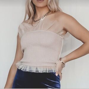 Pink Smocked Tube Top with Tulle Trim